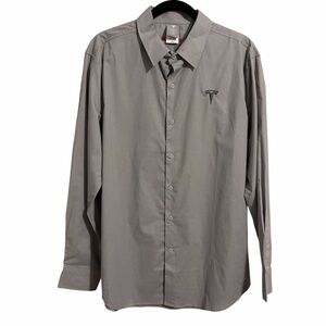 Tesla Mens LS Button Front Shirt Large Gray Embroidered Logo Cotton Poly TSL2982